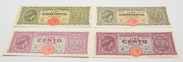Lotto Banconote Luogotenenza: 2 da 50 Lire e 2 da 100 Lire