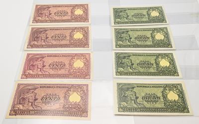 Banconote della Repubblica Italiana, 4 banconote da 50 Lire e 4 banconote da 100 Lire