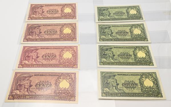 Lotto Banconote Repubblica Italiana: 4 da 50 Lire e 4 da 100 Lire