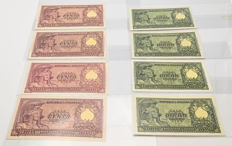 Banconote della Repubblica Italiana, 4 banconote da 50 Lire e 4 banconote da 100 Lire