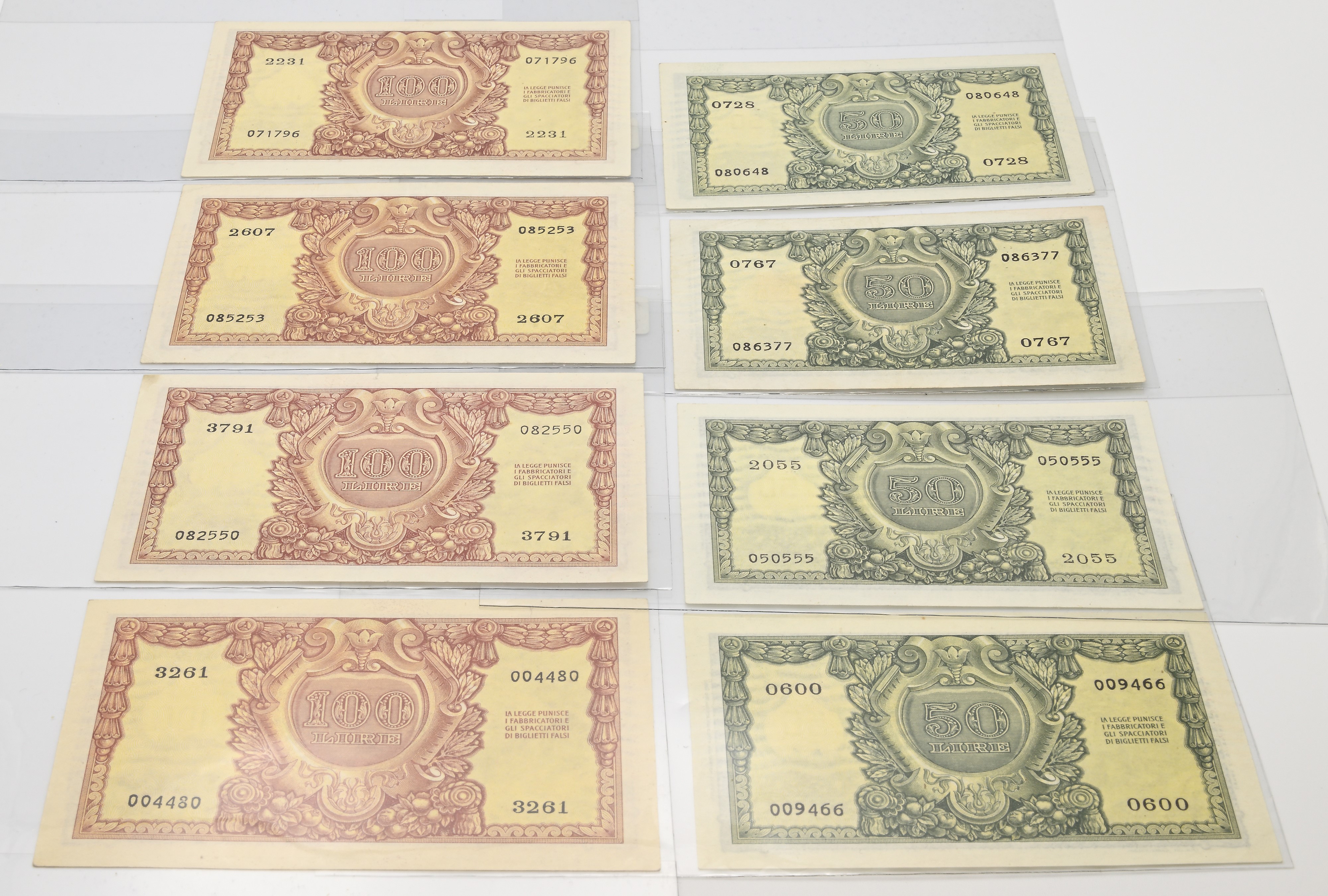 Banconote della Repubblica Italiana, 4 banconote da 50 Lire e 4 banconote da 100 Lire