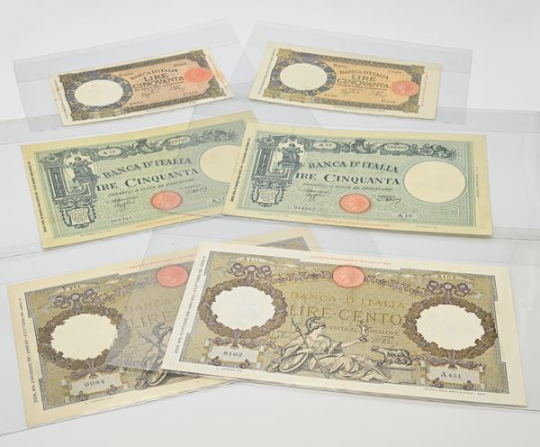 Lotto Banconote Regno d'Italia Vittorio Emanuele III: 2+2 da 50 Lire e 2 da 100 Lire