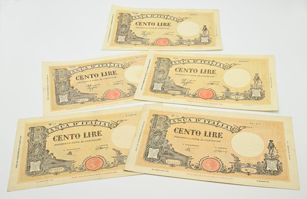 Lotto Banconote Regno d'Italia Vittorio Emanuele III, Repubblica Sociale e Luogotenenza: 5 pezzi da 100 Lire 
