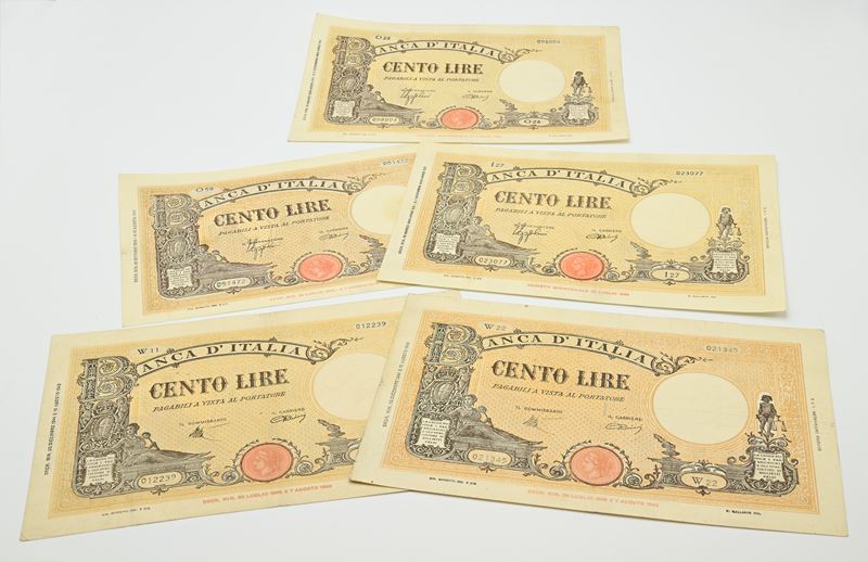Banconote, Regno d’Italia e Repubblica Sociale (Vittorio Emanuele III, R.S.I., Luogotenenza), 5 p...