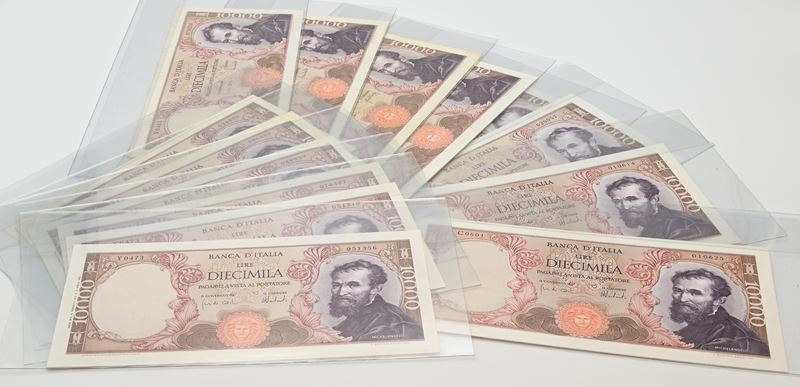 Repubblica Italiana, serie di 14 banconote da 10.000 lire con effigie di Michelangelo