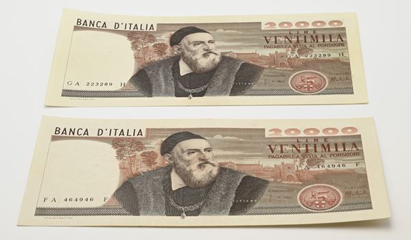 Repubblica Italiana: 2 Banconote da 20.000 Lire Tiziano