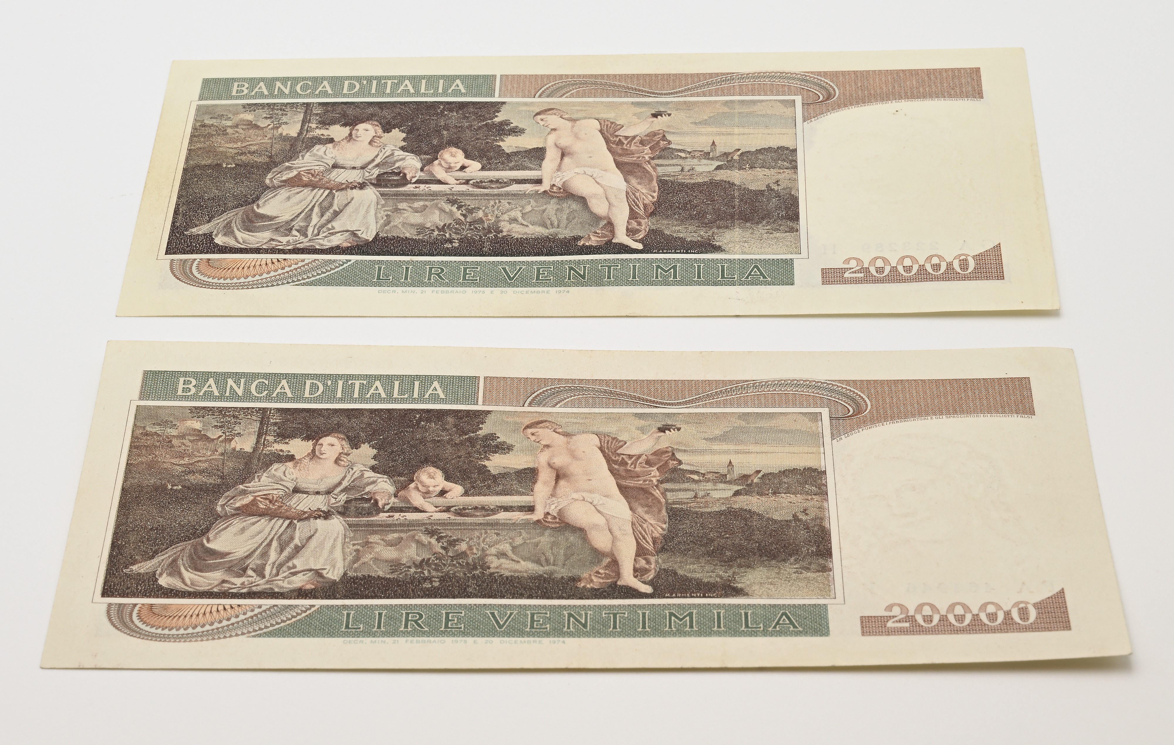 Repubblica Italiana, Coppia di banconote da 20.000 Lire “Tiziano”