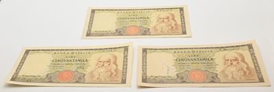 Repubblica Italiana, Tre banconote da 50.000 lire con ritratto di Leonardo