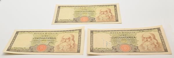 Repubblica Italiana: 3 Banconote da 50.000 lire Leonardo