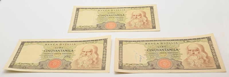 Repubblica Italiana, Tre banconote da 50.000 lire con ritratto di Leonardo