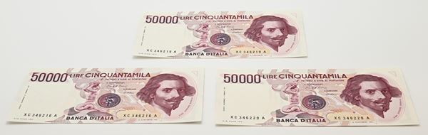 Repubblica Italiana: 3 Banconote da 50.000 Lire Serie speciale X Bernini I° Tipo