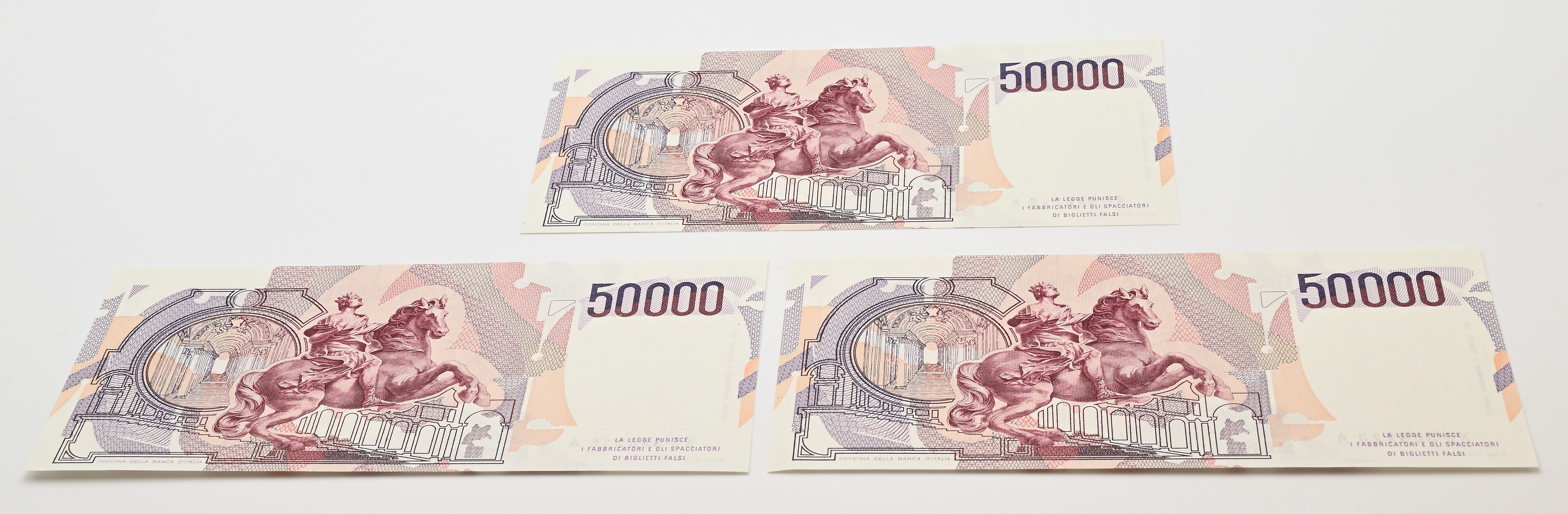 Repubblica Italiana, Serie speciale X (Bernini I° tipo), 3 banconote da 50.000 Lire