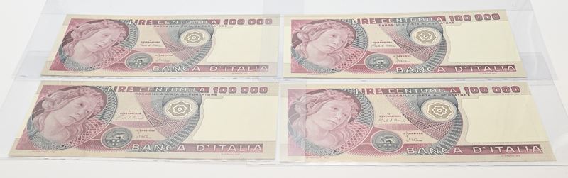 Repubblica Italiana, Banconote da 100.000 Lire (Botticelli), lotto da 4 esemplari
