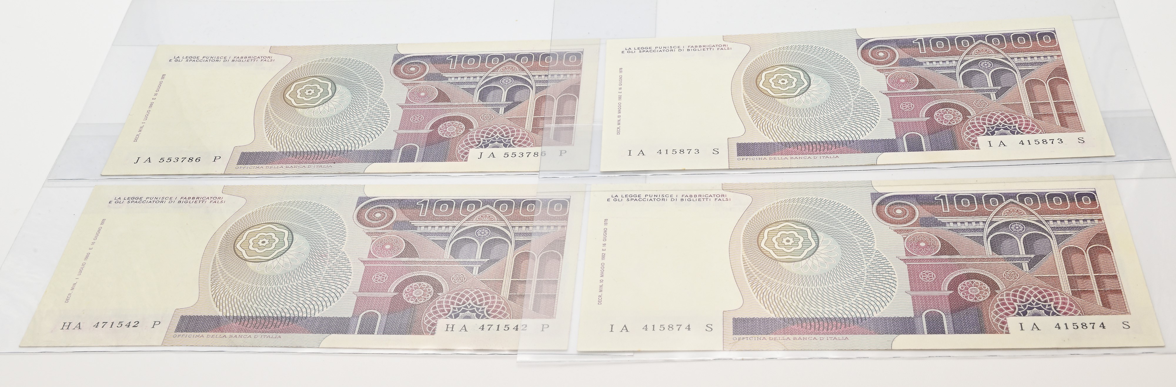 Repubblica Italiana, Banconote da 100.000 Lire (Botticelli), lotto da 4 esemplari