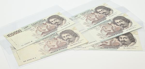 Repubblica Italiana: 5 Banconote da 100.000 Lire Caravaggio I° Tipo