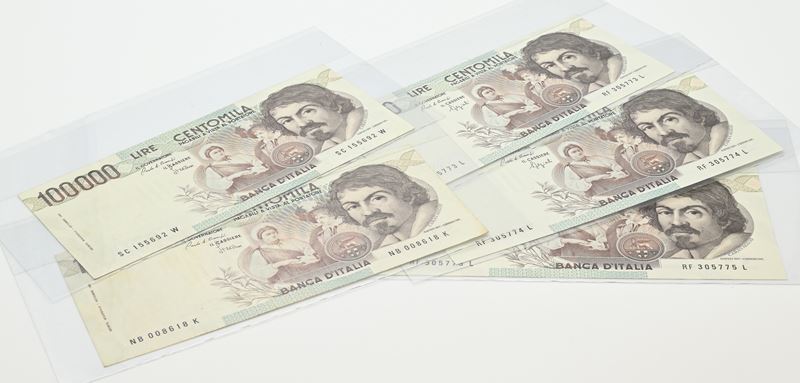 Repubblica Italiana, Cinque banconote da 100.000 Lire con Caravaggio (I° tipo)