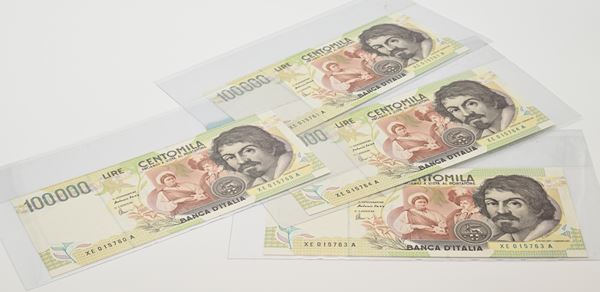 Repubblica Italiana: 4 Banconote da 100.000 lire Serie speciale X Caravaggio II° Tipo 