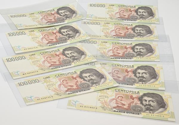 Repubblica Italiana: 9 Banconote da 100.000 Lire Caravaggio II° Tipo