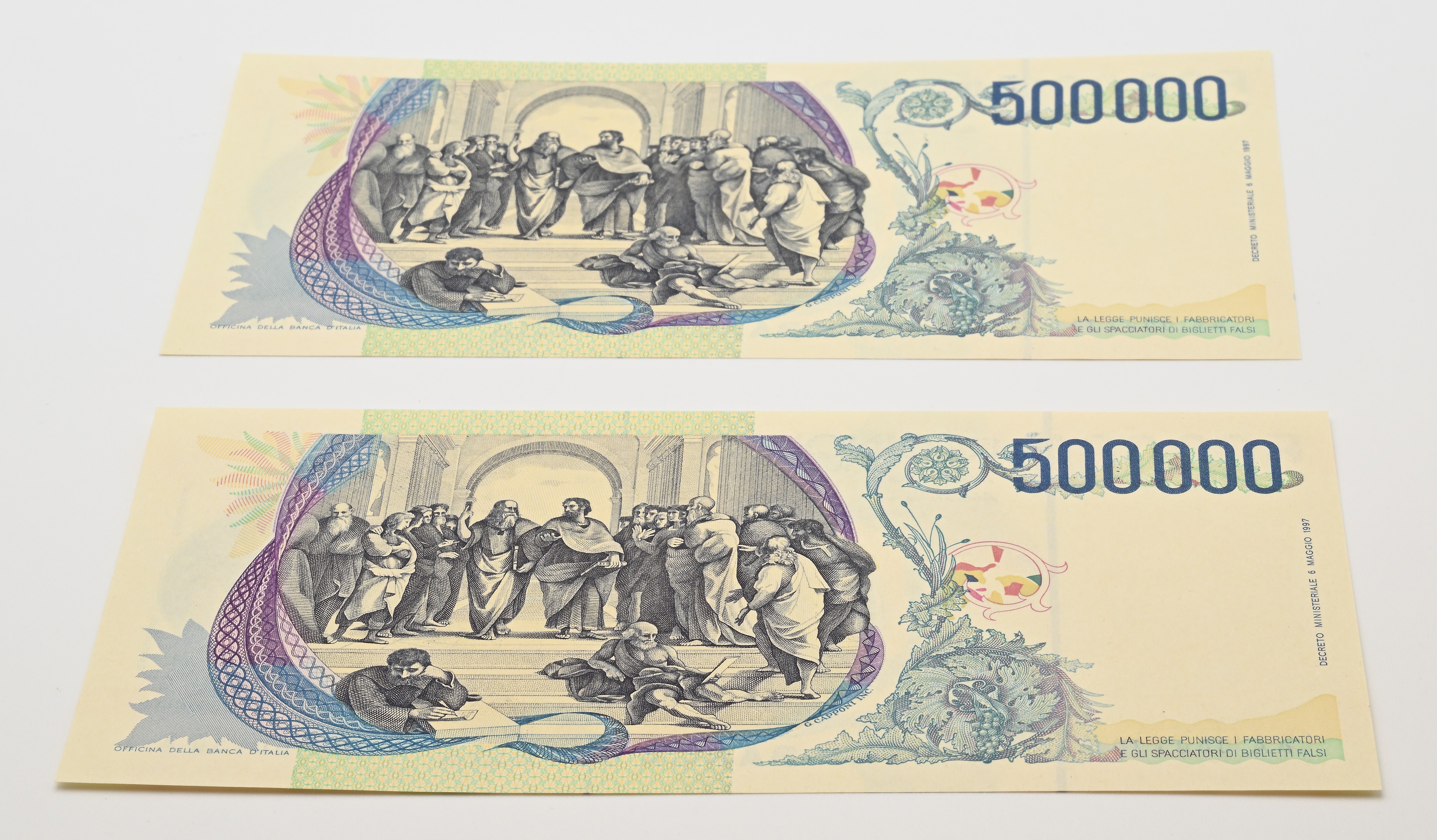 Raffaello, Repubblica Italiana: 2 banconote da 500.000 Lire serie AA