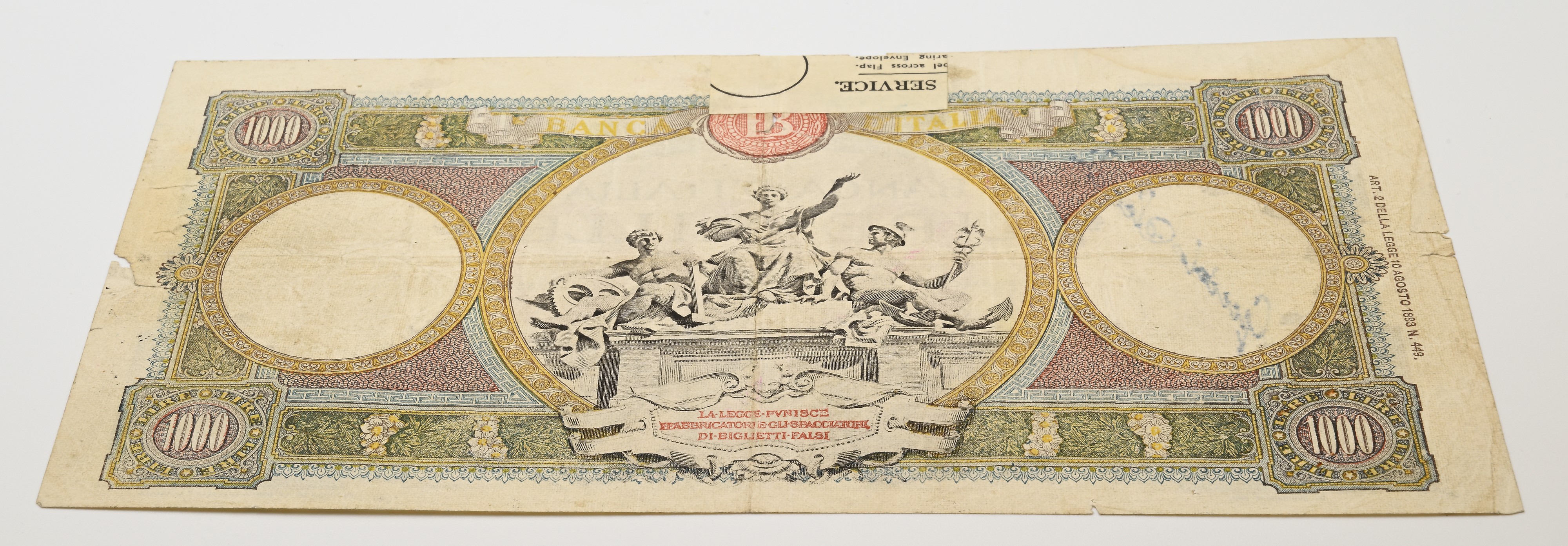 Regno d'Italia, 1.000 Lire (mancanza di firme, numeri di serie e decreto laterale)