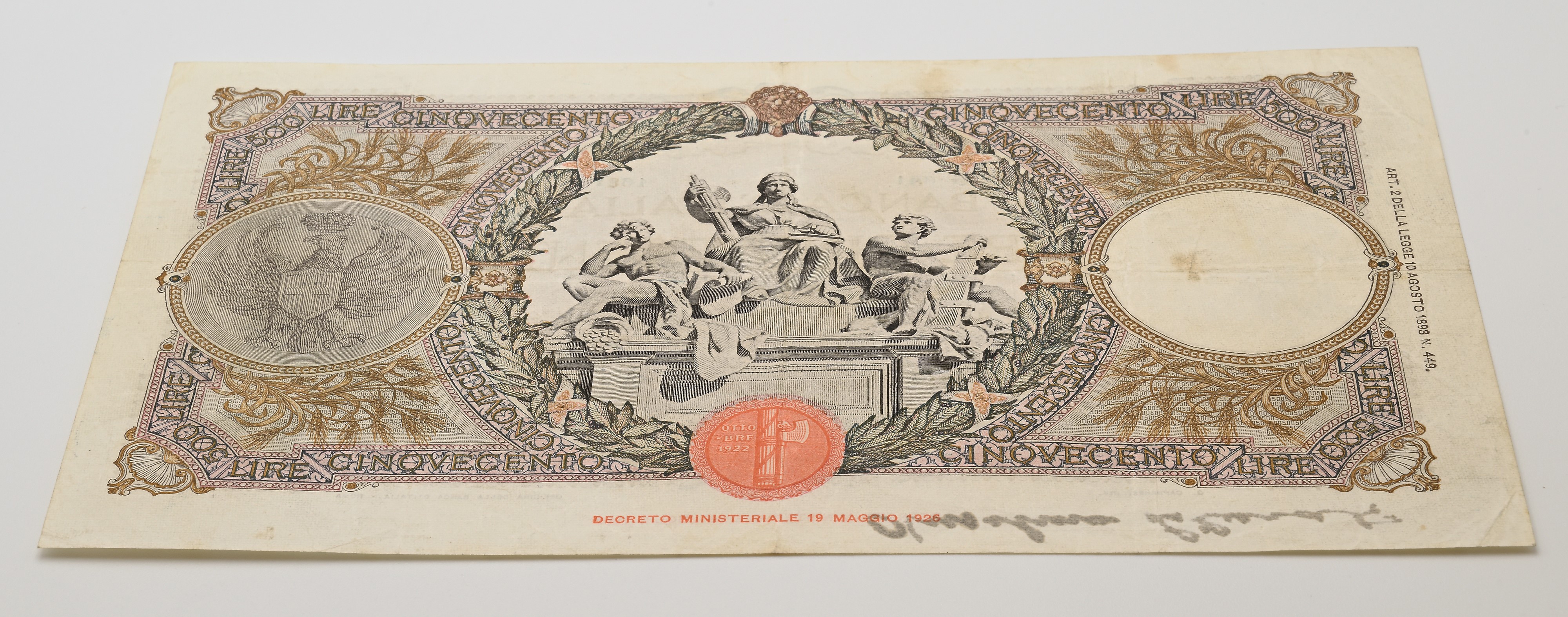 Regno d'Italia, 500 Lire mancanti di decreto con dicitura «a sinistra»