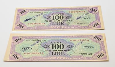 Banconote, 2 banconote da 100 AM Lire contromarcate