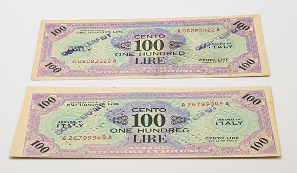 Lotto di 2 Banconote False da 100 AM Lire contromarcate