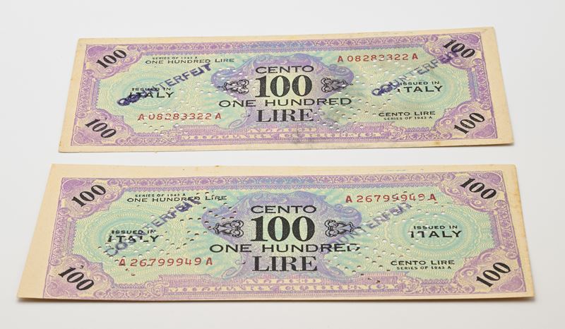 Banconote, 2 banconote da 100 AM Lire contromarcate