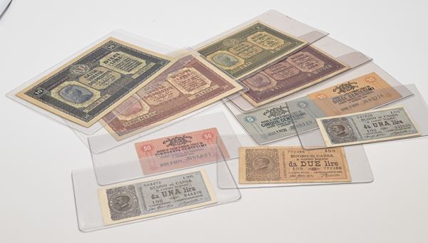 Lotto di Banconote: Buoni di Cassa Veneta dei Prestiti (5, 10 e 50 Centesimi, 1, 2, 10 e 20 Lire. 3 Buoni di cassa: 2 da 1 Lira e 1 da 2 Lire Vittorio Emanuele III Regno d'Italia
