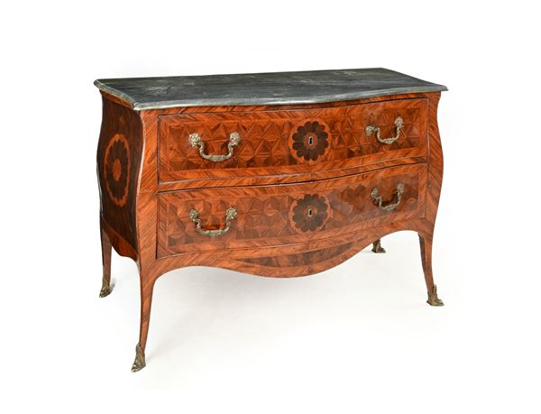 Cassettone intarsiato con piano in marmo grigio, Napoli, XVIII secolo