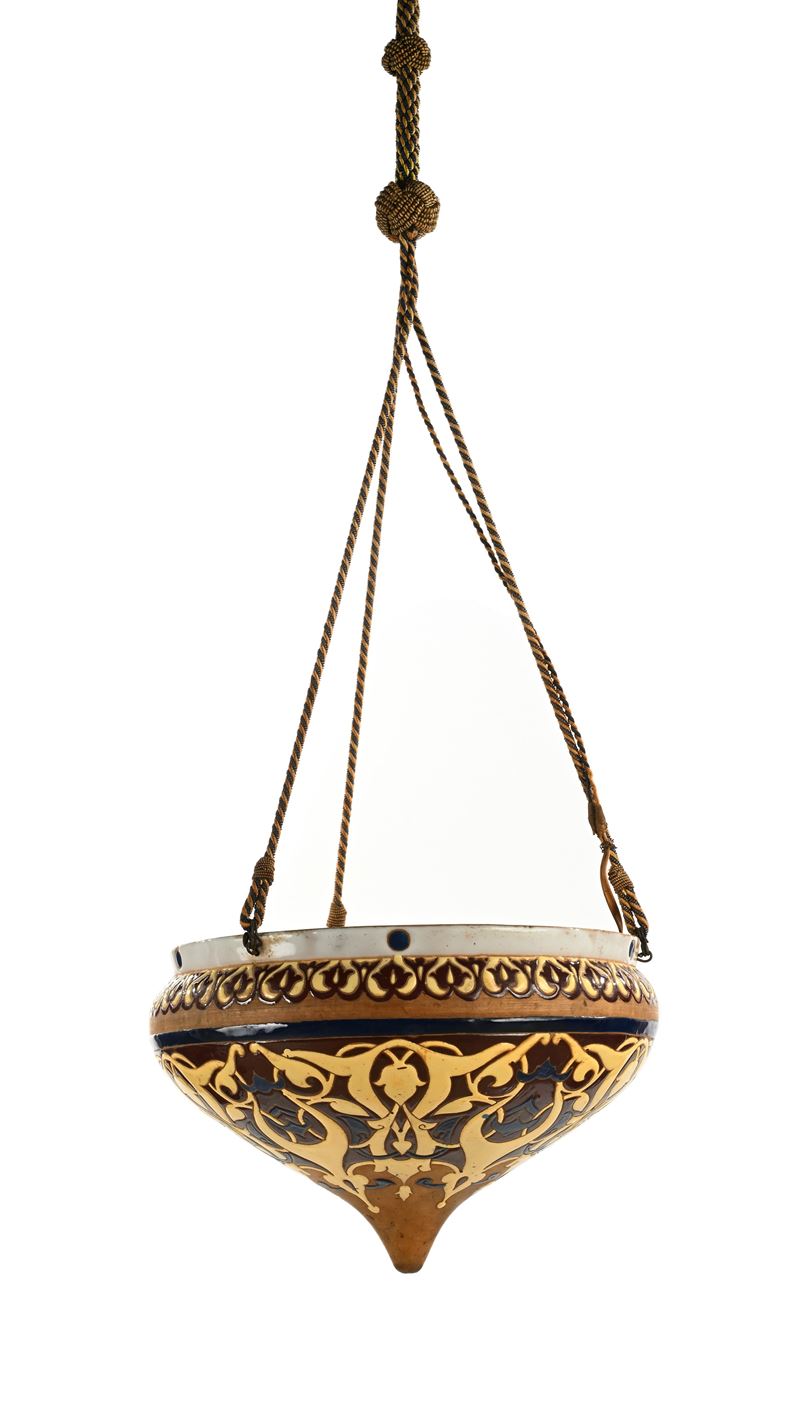 Lampada pensile in ceramica smaltata, inizi XX secolo