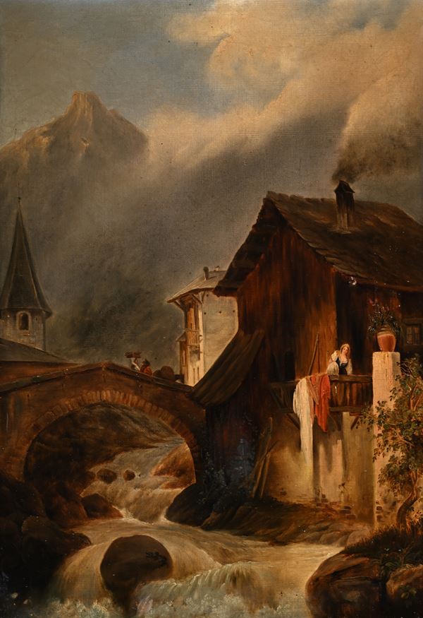 Scuola europea del XIX secolo - Veduta di un paese montano