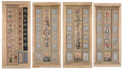 Quattro incisioni colorate raffiguranti pilastri delle Logge di Raffaello in Vaticano