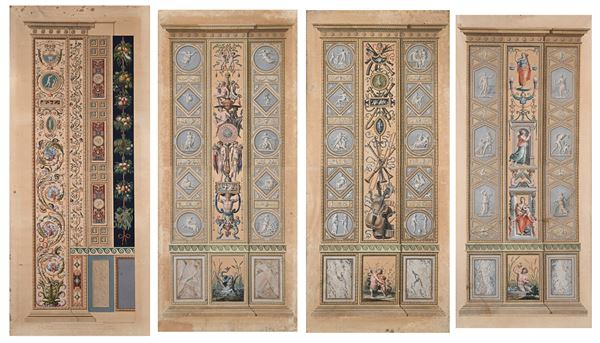 Quattro incisioni colorate raffiguranti pilastri delle Logge di Raffaello in Vaticano