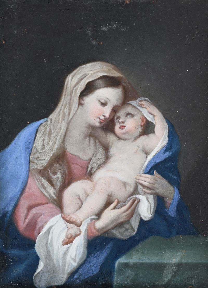 Pittore del XVIII Secolo - Madonna col Bambino, olio su rame