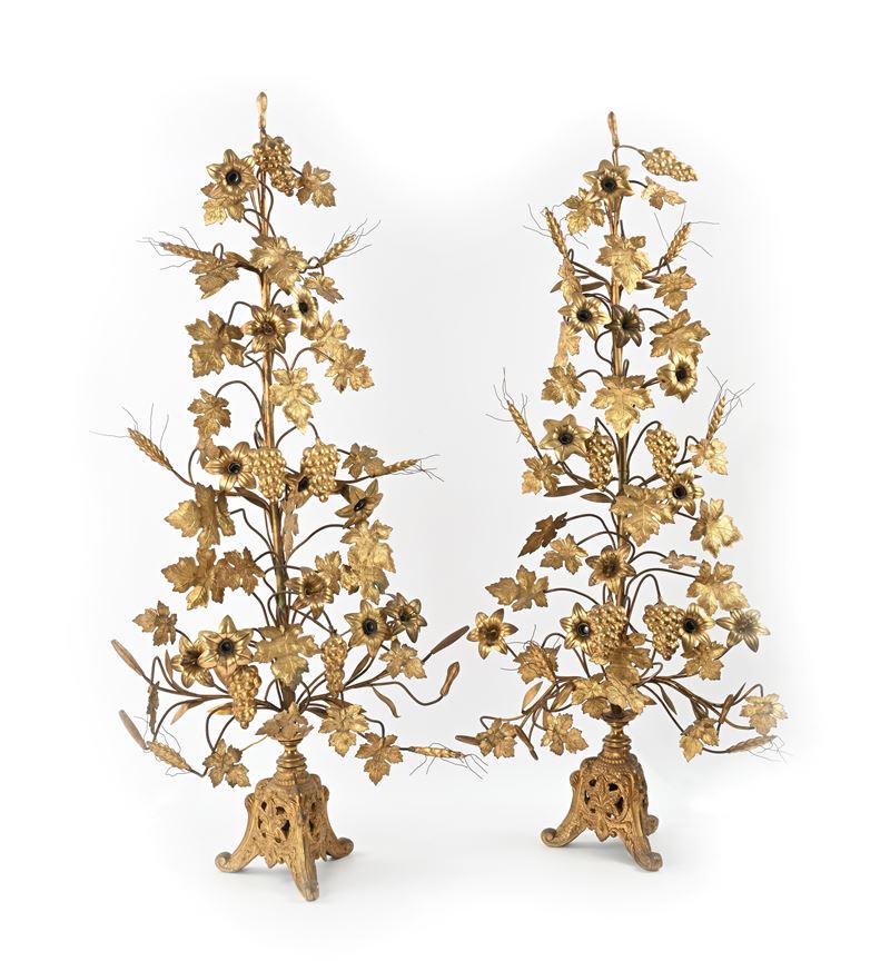 Coppia di palme da altare in metallo dorato, XIX secolo