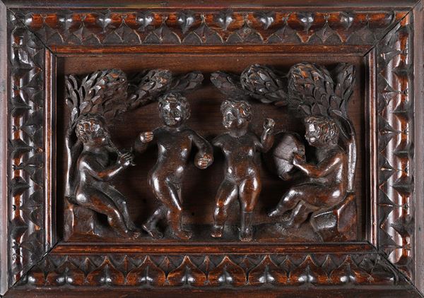 Altorilievo in legno con putti musicanti e danzanti, XIX secolo