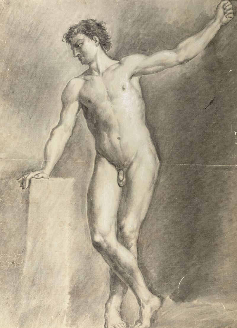 Studio di nudo accademico poggiante su base