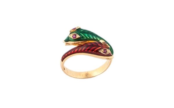 Anello oro giallo con serprenti in smalto e oro
