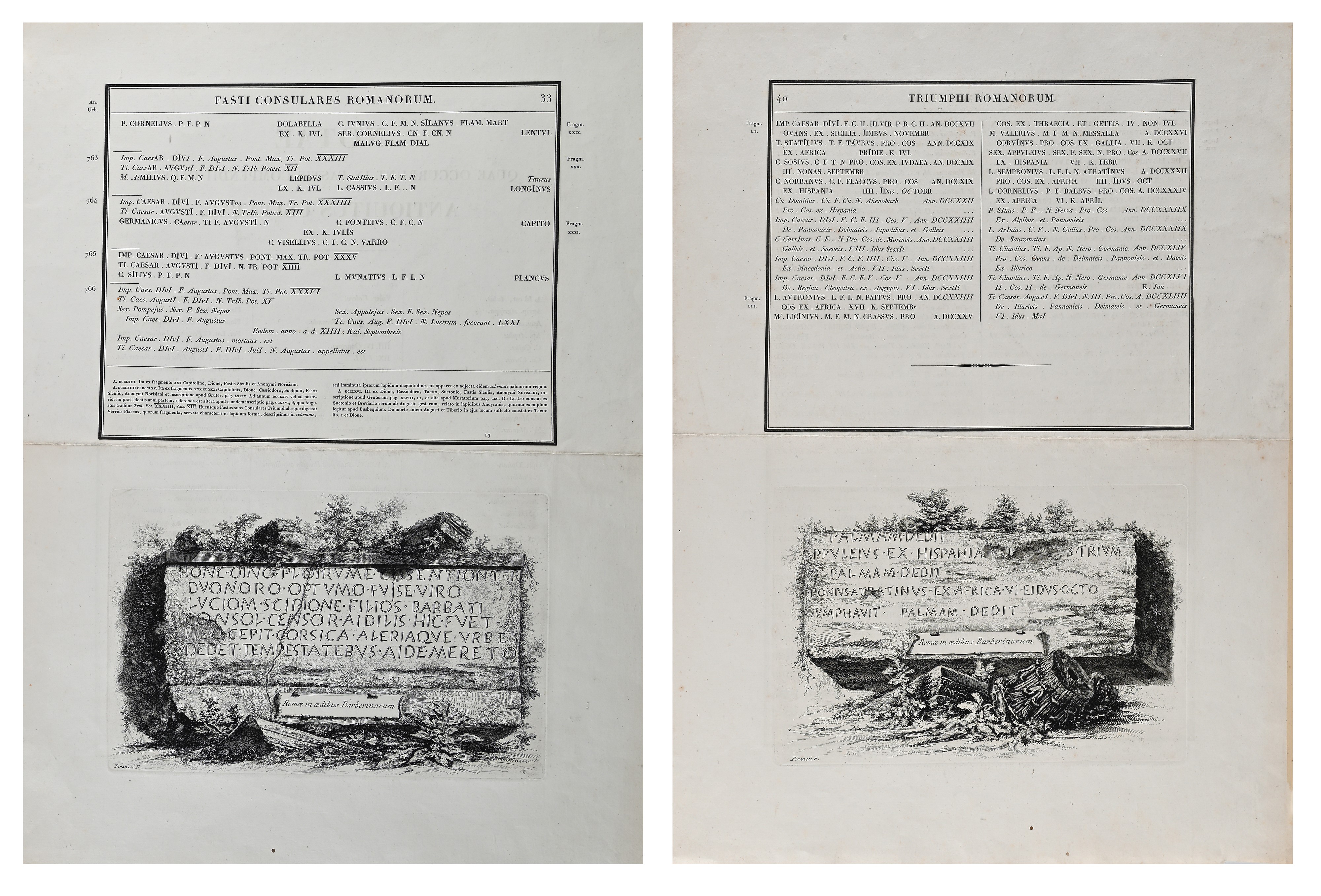 Piranesi, Quattro fogli con vedute e incisioni da Le Antichità Romane (1756) e Lapides Capitolini...