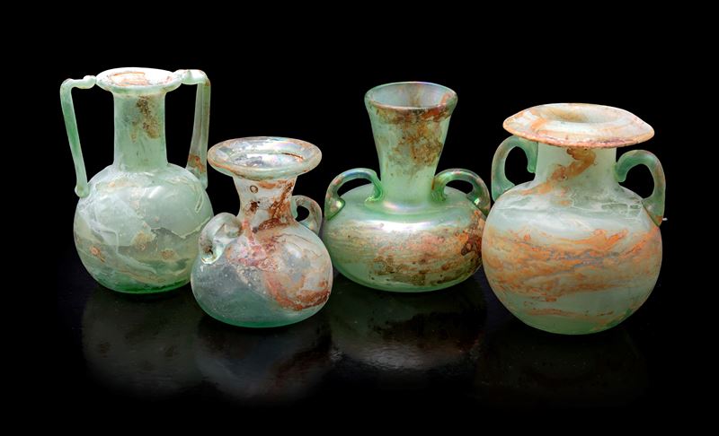 Vetreria Cenedese, Quattro vasi modello Scavo in vetro di Murano (tre verde acqua e uno bianco tr...