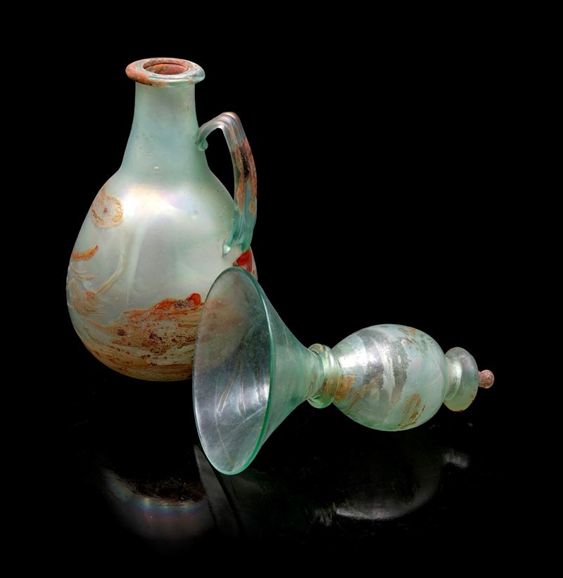 Vetreria muranese (attrib.), Brocca e piccolo dosatore “scavo” in vetro di Murano verde acqua