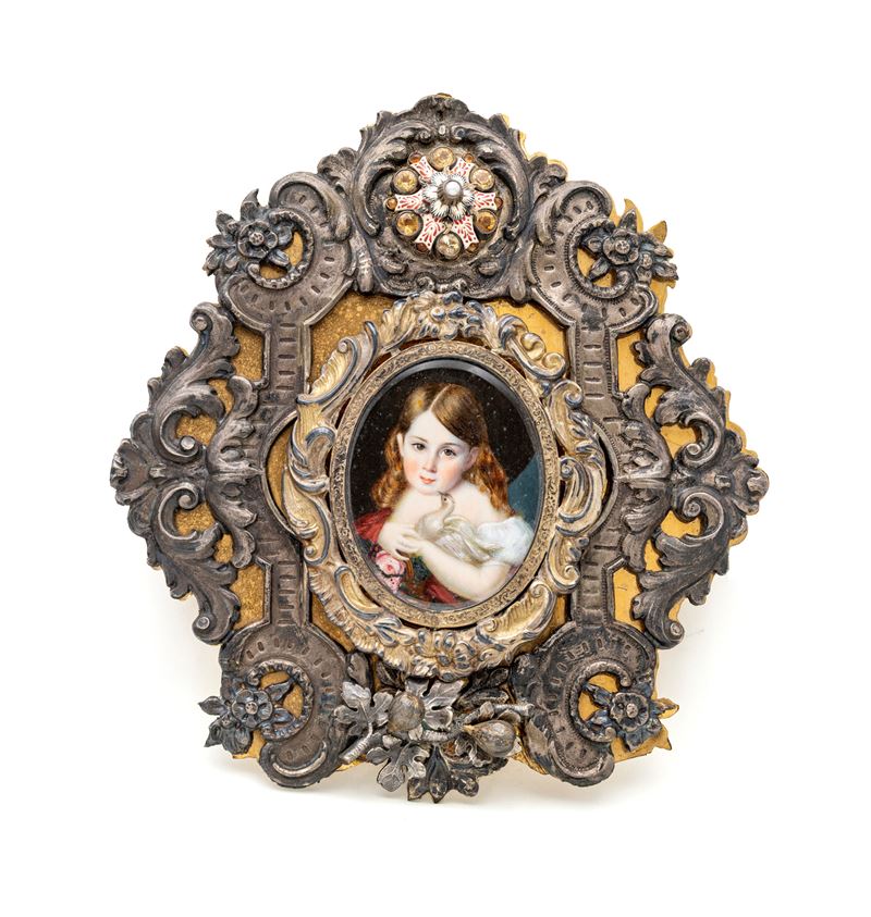 Cornice in metallo dorato e argento, con smalti e miniatura a ritratto, XVIII–XIX secolo