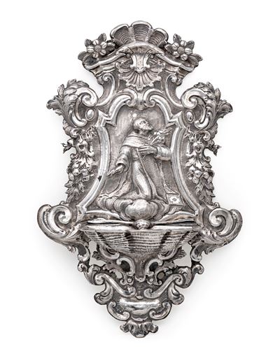 Acquasantiera, argento sbalzato con figura di San'Antonio da Padova