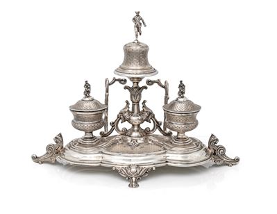 Oggetto decorativo, Calamaio in argento 916/000 con campanella e campi per inchiostro, Spagna, XX...