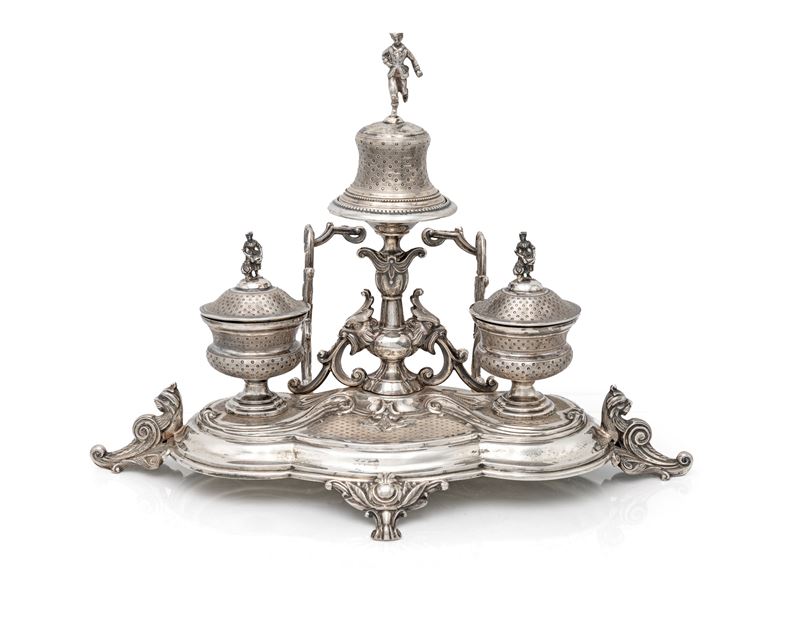 Oggetto decorativo, Calamaio in argento 916/000 con campanella e campi per inchiostro, Spagna, XX...