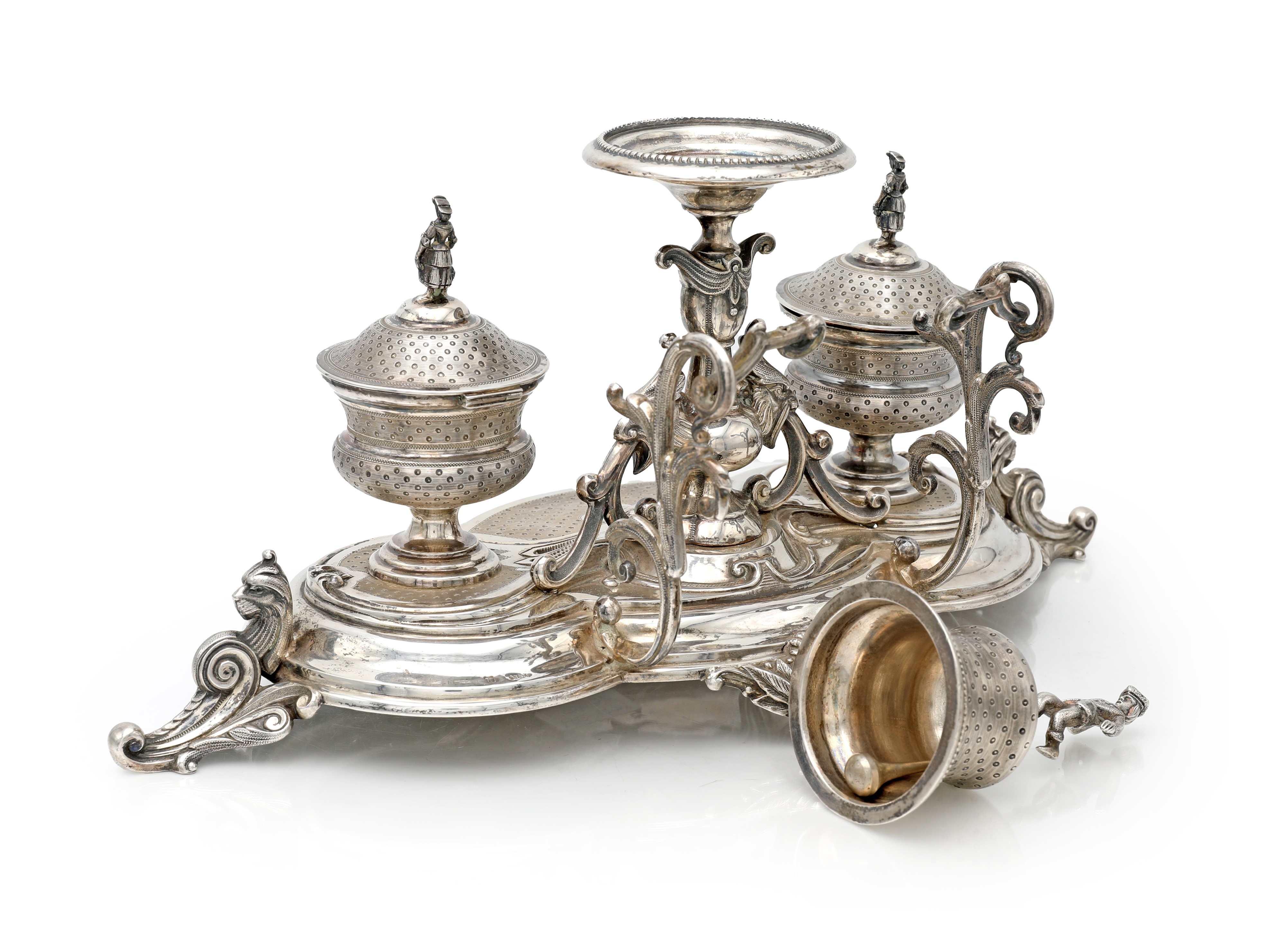 Oggetto decorativo, Calamaio in argento 916/000 con campanella e campi per inchiostro, Spagna, XX...