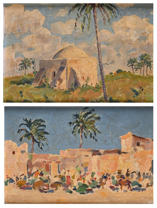 'Marabutto di El-Azizia' e 'Hara di Zavia, il mercato dell'erba' (due vedute della Tripolitania)