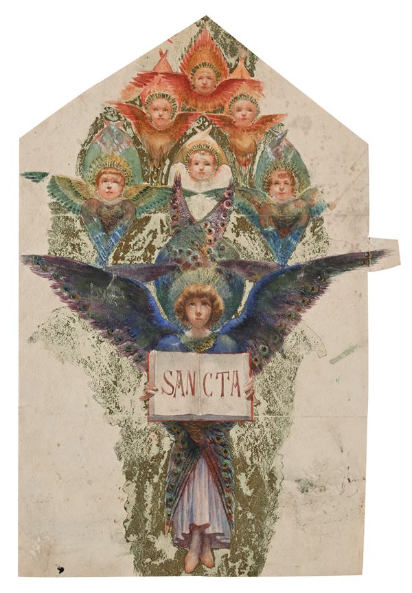 Scuola Senese del XIX secolo : Studio di Angeli e cherubini  - Inchiostri acquerellati, tempera e doratura su carta - Auction Works on Paper - from the 16th to the 19th century - Casa d'Aste Arcadia