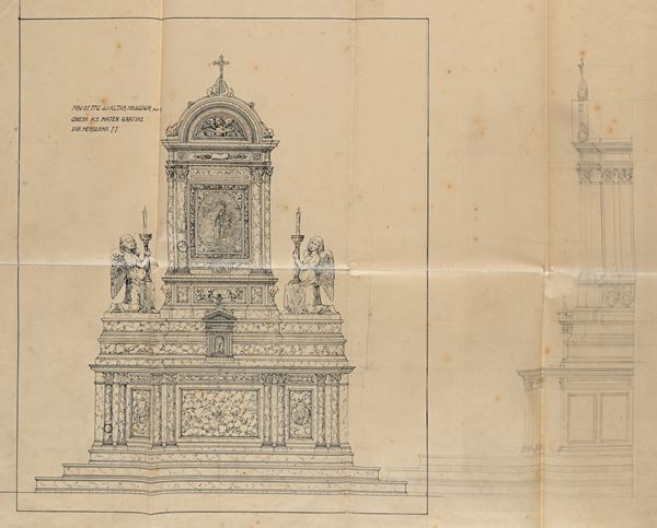 Scuola romana fine del XIX inizi del XX secolo : Studio per Progetto dell'Altare Maggiore Chiesa N. S. Mater Gratiae Via Merulana 77  - Matita e china su carta - Auction Works on Paper - from the 16th to the 19th century - Casa d'Aste Arcadia